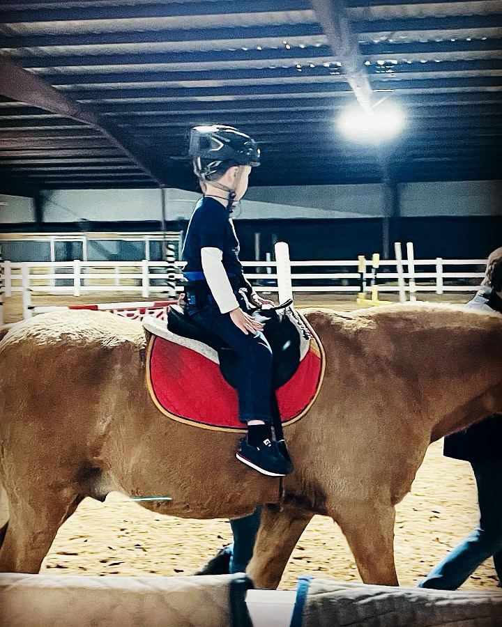 A child in a helmet rides a chestnut horse at a walk in an indoor arena, with a team member walking alongside.