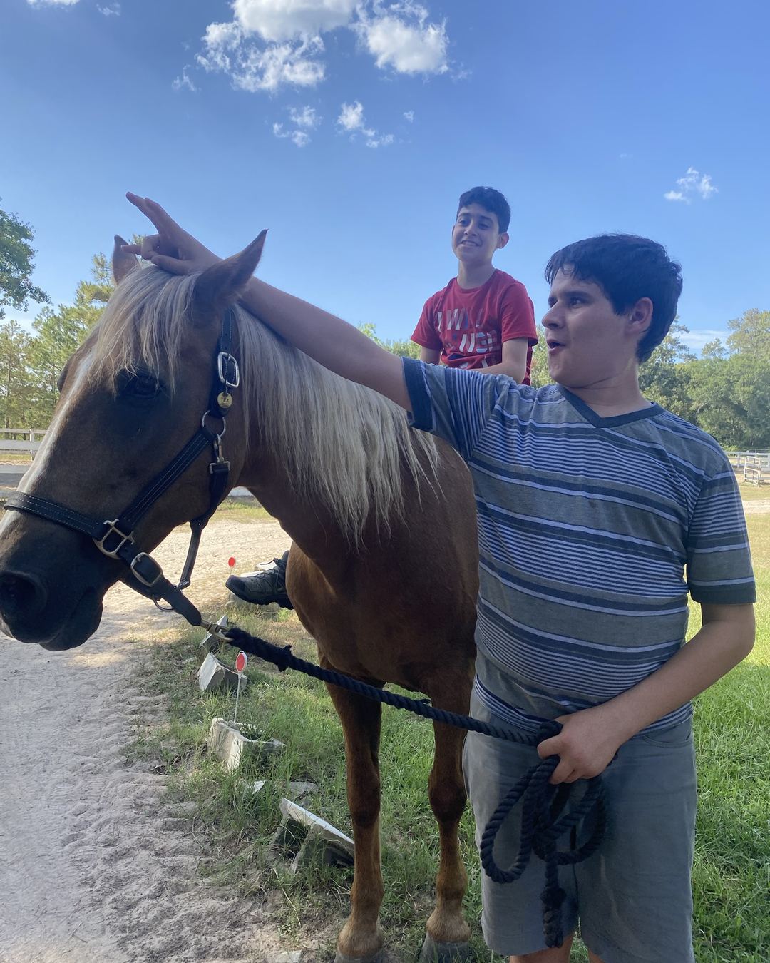 Outdoors on a sunny day, one boy rides a golden horse with a pale mane while another holds the lead rope and talks, one hand up by the horse's ears.